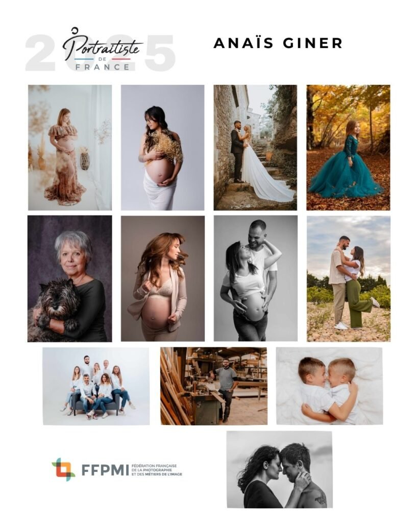 Dossier 2025 d’Anaïs Giner pour Portraitiste de France : douze portraits de grossesse, de famille, de couple, d’enfants et d’entreprise